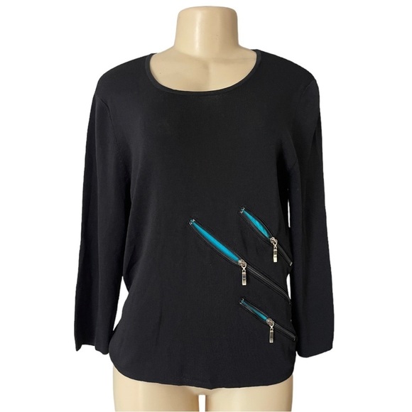 Carlucci Black Ribbed Knit‎ Front Zip Turquoise Accent Long Sleeve Top L - Picture 1 of 6
